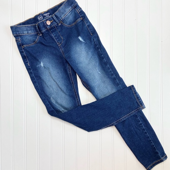 Girls Dark Wash Distressed Jeggings - Picture 1 of 6